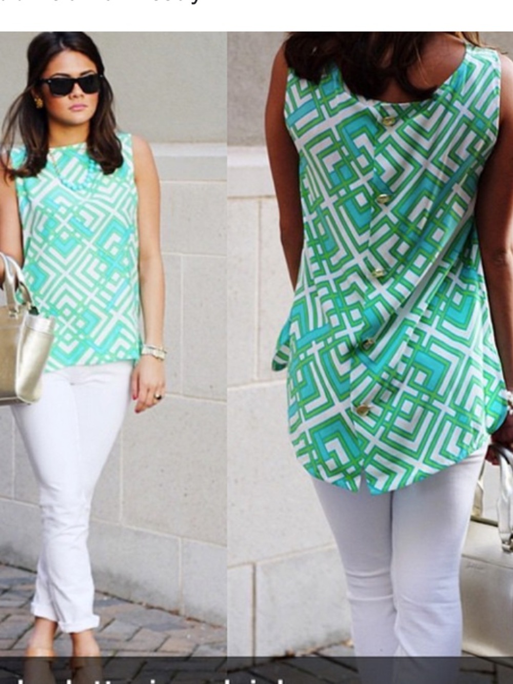 Sail to Sable Green & White Geometric Sleeveless Blouse Size Large